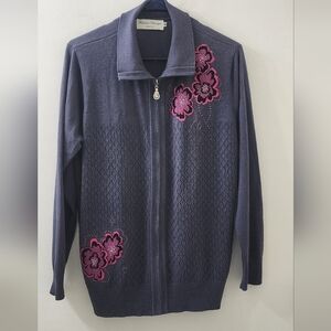 Gianna Pezziga‎ Purple Zip-Up Cardigan with Pink Floral Design, Size 46, Wool.